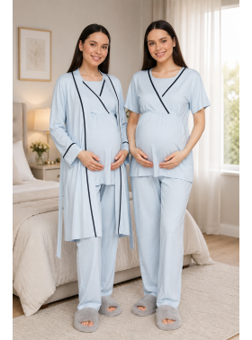 Mavi Biye Geçişli Sabahlıklı Kruvaze Lohusa Pijama Takımı